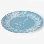 Weiße Spitze auf Pastellblauer Taufe Pappteller (Schrägansicht)