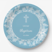Weiße Spitze auf Pastellblauer Taufe Pappteller (Vorderseite)