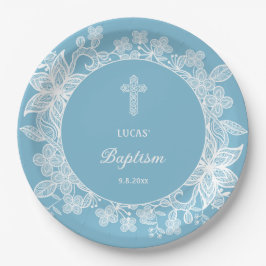 Weiße Spitze auf Pastellblauer Taufe Pappteller