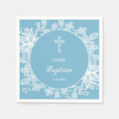 Weiße Spitze auf Pastellblauer Taufe Serviette (Vorderseite)