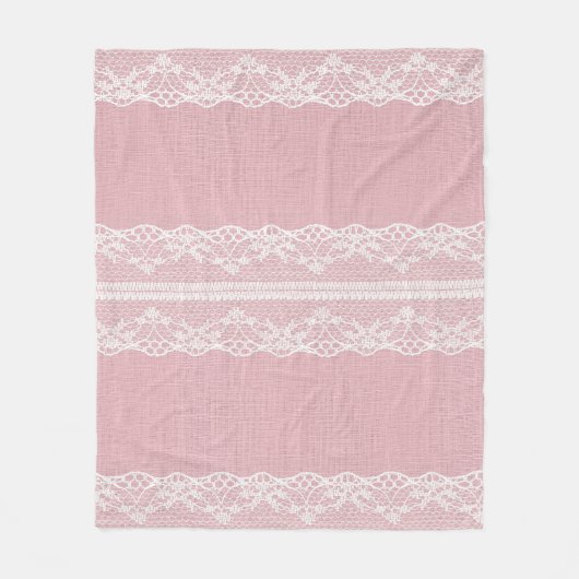 Weiße Spitze auf Pastellrosa Linen Textur Fleecedecke (Vorderseite)