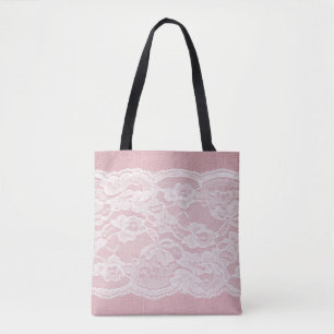 Weiße Spitze auf Pastellrosa Linen Textur Tasche