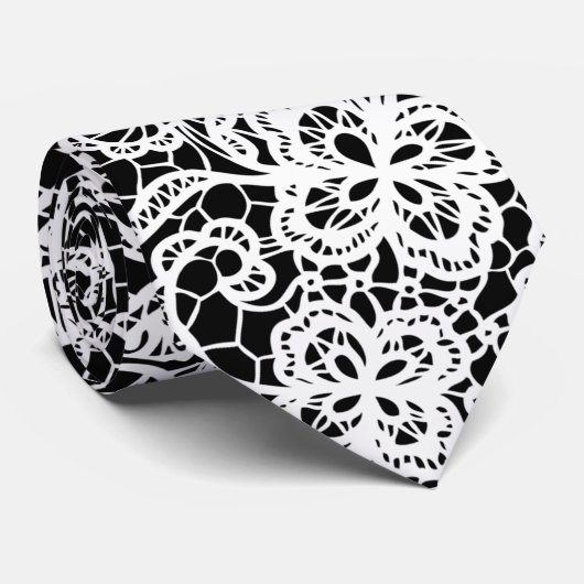 Weiße Spitze auf schwarz Krawatte (Gerollt)