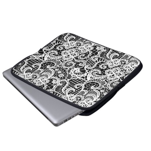 Weiße Spitze auf schwarz Laptopschutzhülle (Vorne Knopf)