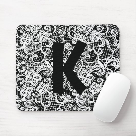 Weiße Spitze auf Schwarz mit Monogramm Mousepad (Mit Mouse)