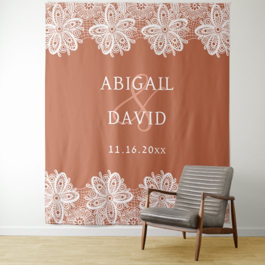 Weiße Spitze auf Terracotta Hochzeit Hintergrund Wandteppich (Beispiel)