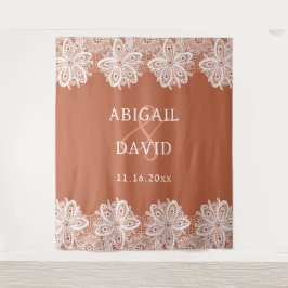 Weiße Spitze auf Terracotta Hochzeit Hintergrund Wandteppich