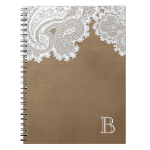 Weiße Spitze & Brauner Rustikaler Chic Elegant Notizblock