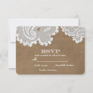 Weiße Spitze & Brauner Rustikaler Eleganter Hochze RSVP Karte