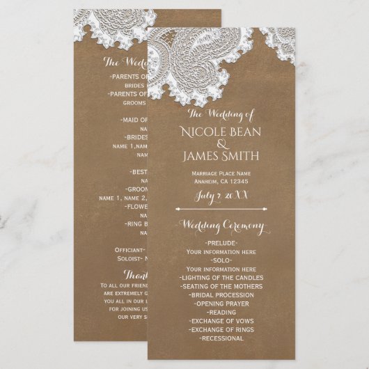 Weiße Spitze & Brauner Rustikaler Hochzeitsprogram Programm (Vorne/Hinten)
