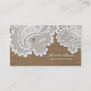 Weiße Spitze & Braunes Rustikales Chic Elegantes H Visitenkarte