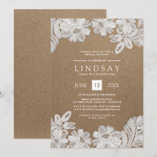 Weiße Spitze | Einladungen zu Kraft Paper Bridal S (Vorne/Hinten)