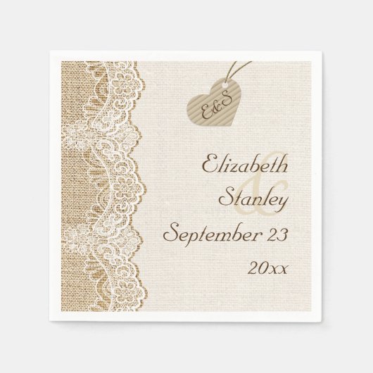 Weiße Spitze & Herz auf Burlap rustikale Hochzeit Serviette (Vorderseite)