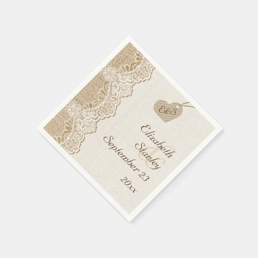 Weiße Spitze & Herz auf Burlap rustikale Hochzeit Serviette (Ecke)