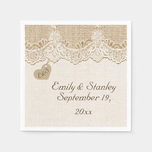 Weiße Spitze & Herz auf Burlap rustikale Hochzeit Serviette (Vorderseite)
