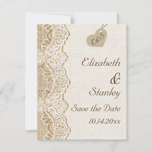 Weiße Spitze & Herz auf Jute Hochzeit Save the Dat Einladung
