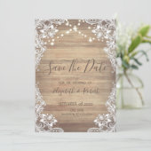 Weiße Spitze, Holzoptik, Lichter Save The Date (Stehend Vorderseite)