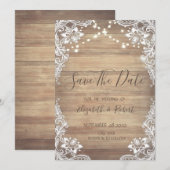 Weiße Spitze, Holzoptik, Lichter Save The Date (Vorne/Hinten)