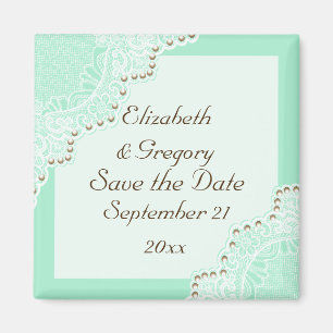 Weiße Spitze mit Perlen Hochzeit mint Save the Dat Magnet