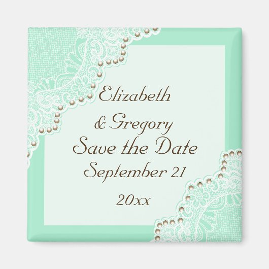 Weiße Spitze mit Perlen Hochzeit mint Save the Dat Magnet (Vorne)