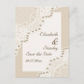 Weiße Spitze mit Perlen Hochzeit Save the Date Ankündigungspostkarte (Vorderseite)