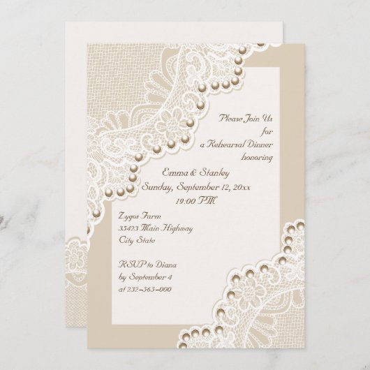 Weiße Spitze mit Perlen Hochzeitsessen Probe Einladung (Vorne/Hinten)