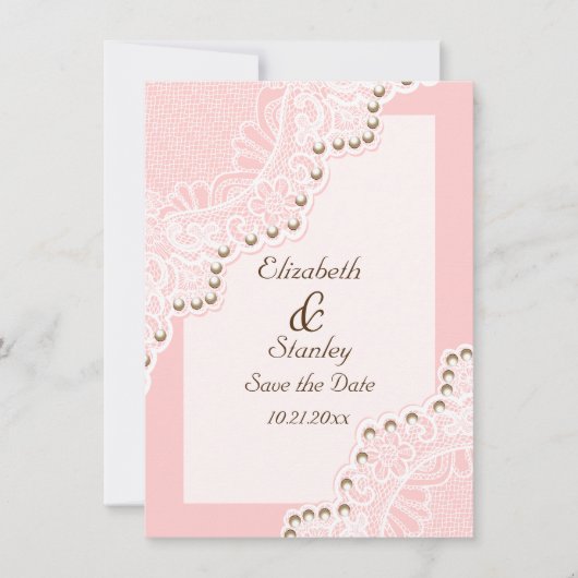 Weiße Spitze mit Perlen rosa Hochzeit Save the Dat Date (Vorderseite)