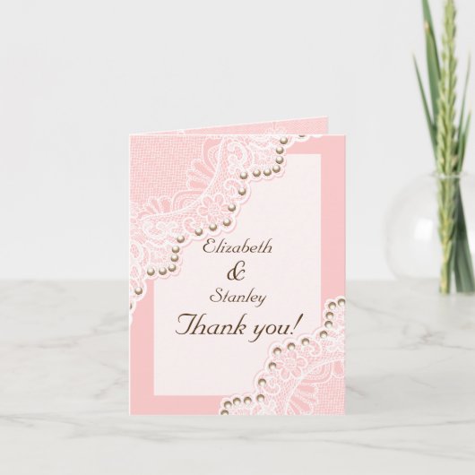 Weiße Spitze mit rosa Perlen Hochzeits-Dankeschön Dankeskarte (Vorderseite)
