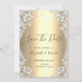 Weiße Spitze, String Lights Gold Save the Date (Vorderseite)