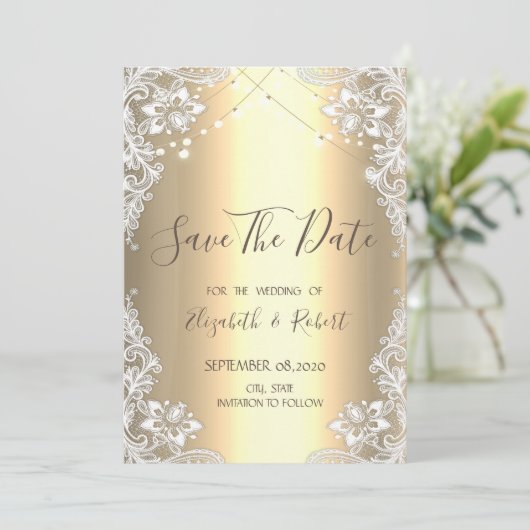 Weiße Spitze, String Lights Gold Save the Date (Stehend Vorderseite)