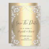 Weiße Spitze, String Lights Gold Save the Date (Vorne/Hinten)