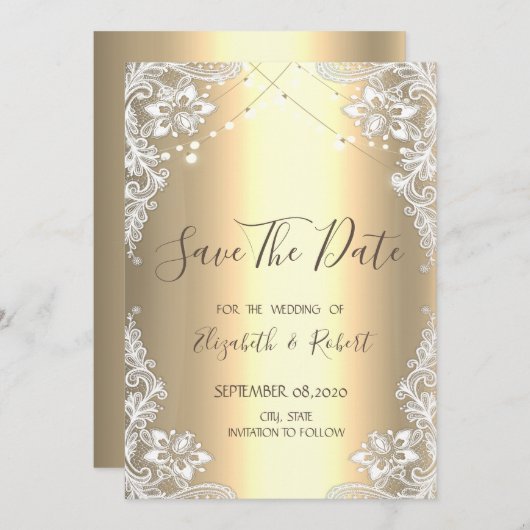 Weiße Spitze, String Lights Gold Save the Date (Vorne/Hinten)