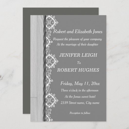 Weiße Spitze und graue rustikale Holzhochzeit Einladung (Vorne/Hinten)