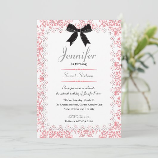 Weiße Spitze und rosa Damaskus Sweet 16 12x18 Einladung (Stehend Vorderseite)