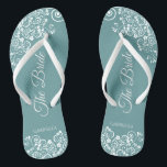 Weiße Spitzen auf Aquamariner, schlichter Braut Badesandalen<br><div class="desc">Tanzen Sie die Nacht mit diesen schönen Hochzeitsflip-Flops. Sie sind für die Braut konzipiert und zeichnen sich durch ein schlichtes und dennoch elegantes Design aus. extravagante Schriftzeichen auf einem aquamarinen Hintergrund und weiße Spitzen-Gürtel und Wirbel sorgen für ein elegantes Design. Eine schöne Art, extravagant und angemessen bleibe, während Sie Ihren...</div>