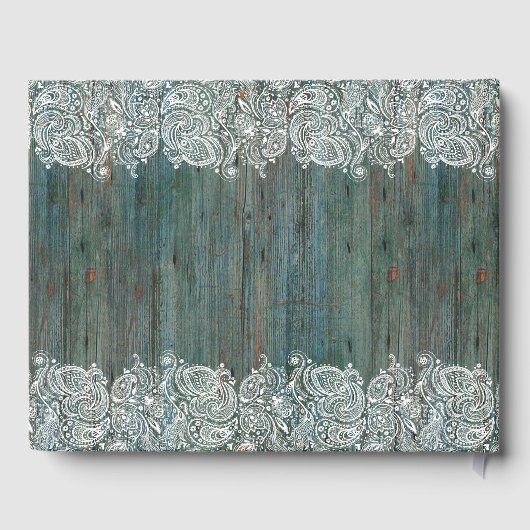 Weiße Spitzen auf moosgrüner Holzstruktur Gästebuch (Rückseite)