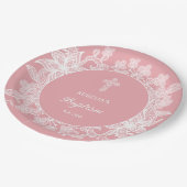 Weiße Spitzen auf rosa Taufe Pappteller (Schrägansicht)