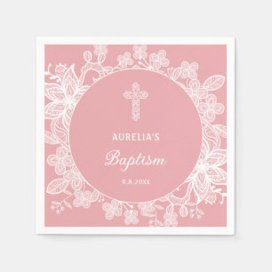 Weiße Spitzen auf rosa Taufe Serviette