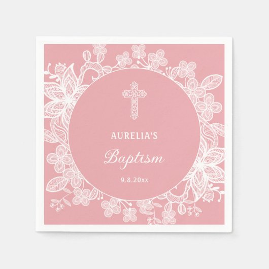 Weiße Spitzen auf rosa Taufe Serviette (Vorderseite)