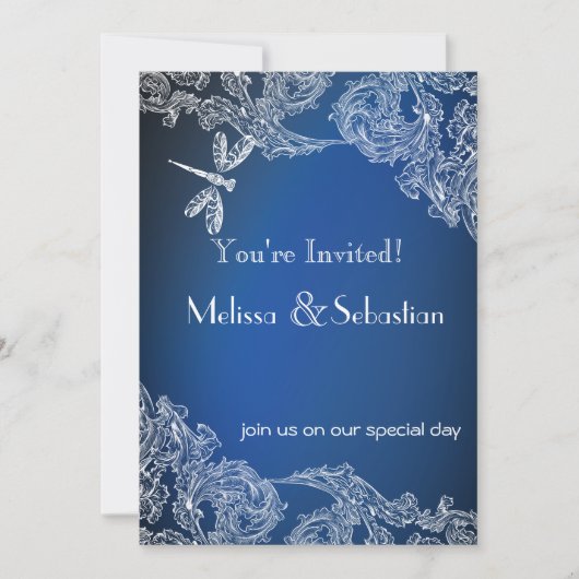 Weiße Spitzen auf Royal Blue Dragonfys Einladung (Vorderseite)