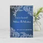 Weiße Spitzen auf Royal Blue Dragonfys Einladung (Stehend Vorderseite)