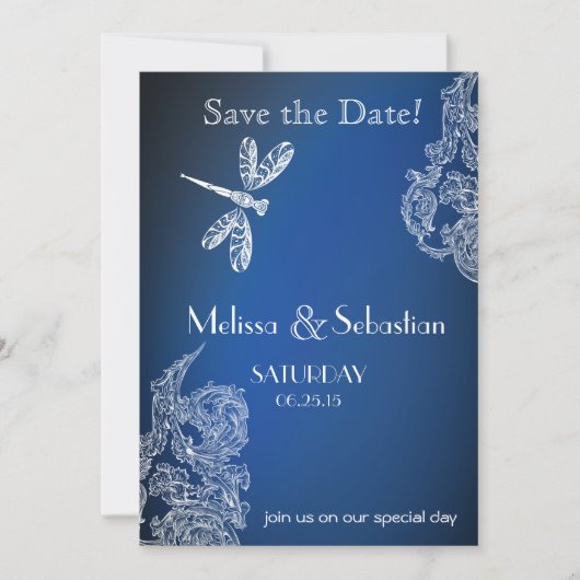 Weiße Spitzen auf Royal Blue Dragonfys Save The Date (Vorderseite)