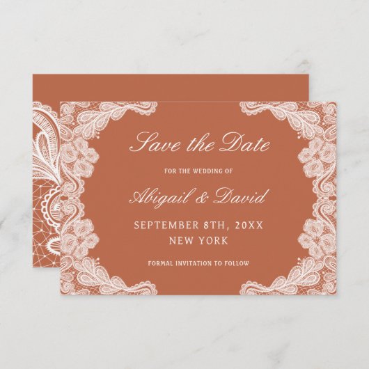 Weiße Spitzen auf Terracotta Hochzeit retten Datum Save The Date (Vorne/Hinten)