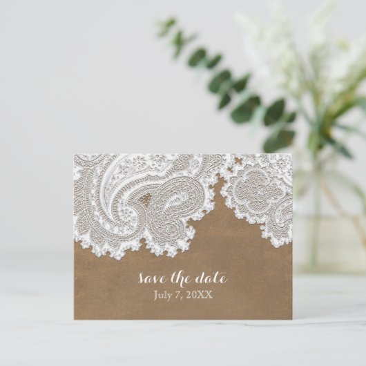 Weiße Spitzen & Braun Rustikaler Chic Elegante Hoc Ankündigungspostkarte (Stehend Vorderseite)