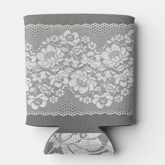 Weiße Spitzen, graue Hintergrundtextur. Dosenkühler (Rückseite)