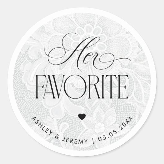 Weiße Spitzen Hochzeit Favor Stickers 'Her Favorit (Vorderseite)