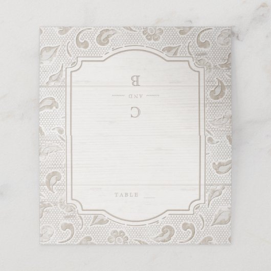 Weiße Spitzen Holz rustikale Land Hochzeit Platzka Platzkarte (Außenseite Aufgefaltet)