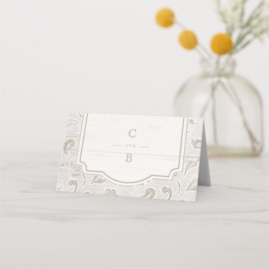 Weiße Spitzen Holz rustikale Land Hochzeit Platzka Platzkarte (Rückseite)