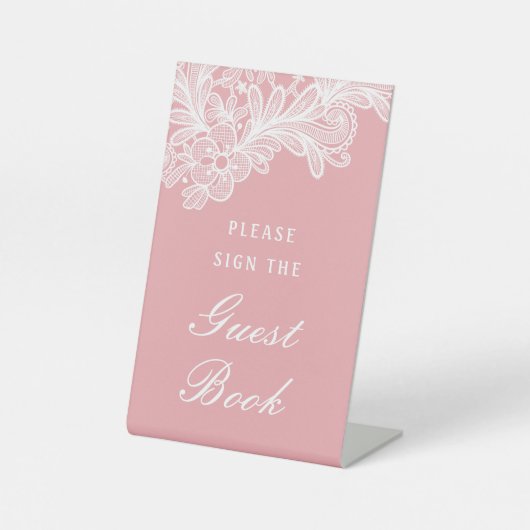 Weiße Spitzen im rosa Gästebuch Sockelschild (Vorderseite)
