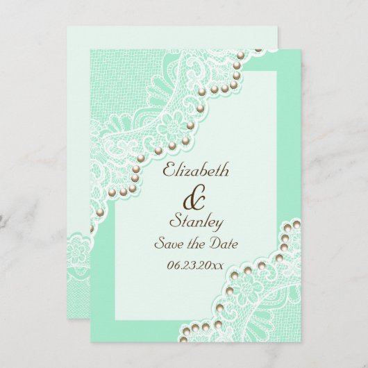 Weiße Spitzen mit Perlen Minzehohe Speichern Sie d Save The Date (Vorne/Hinten)